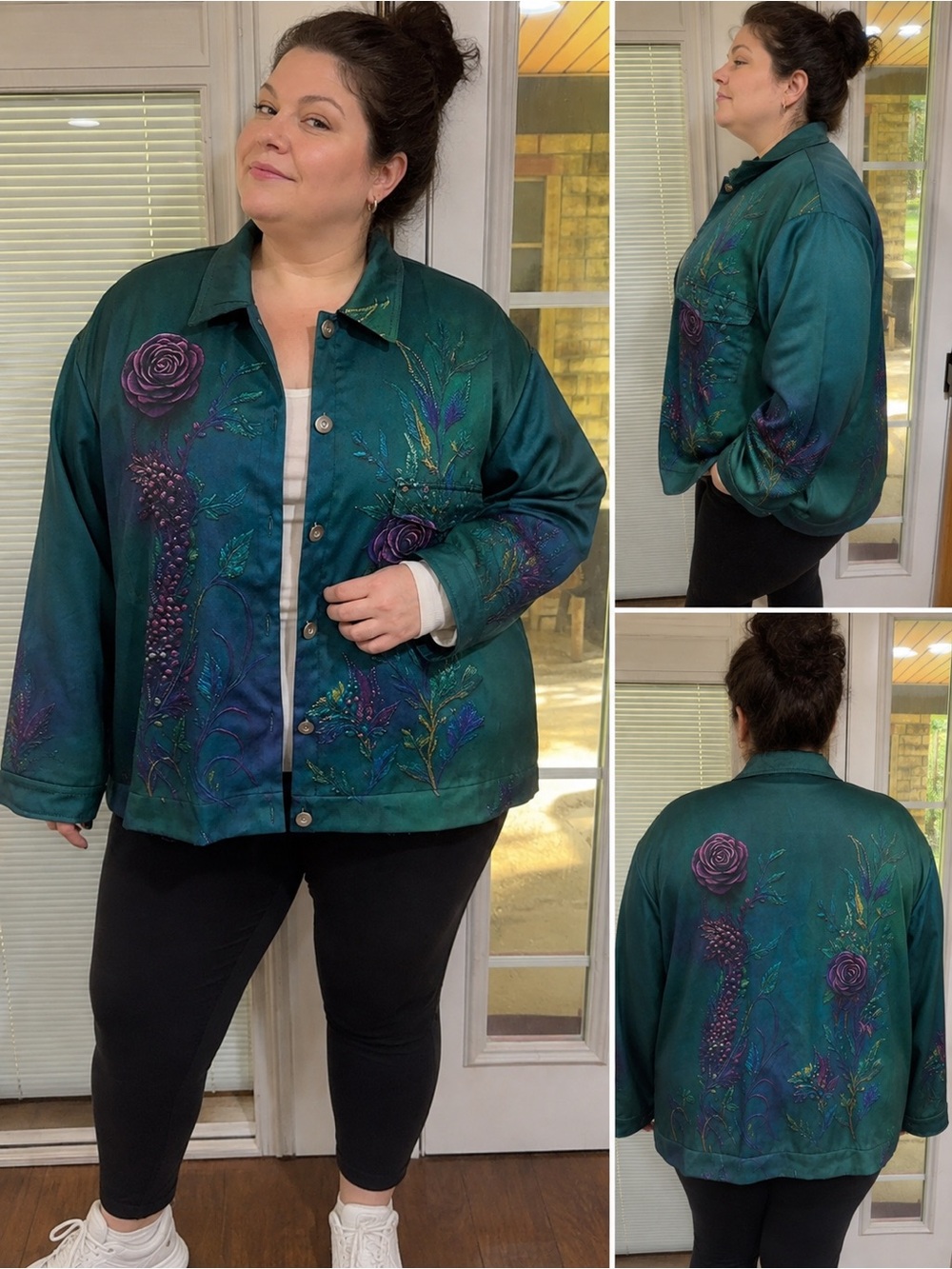 Embroidered Teal Floral Button-Front Jacket - Women's

65